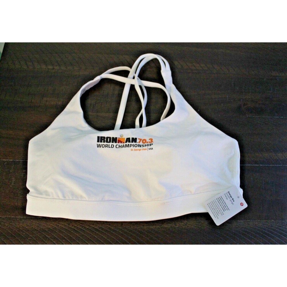 Lululemon Size 12 Energy Sports Bra White Ironman Utah Logo Triathlon Running